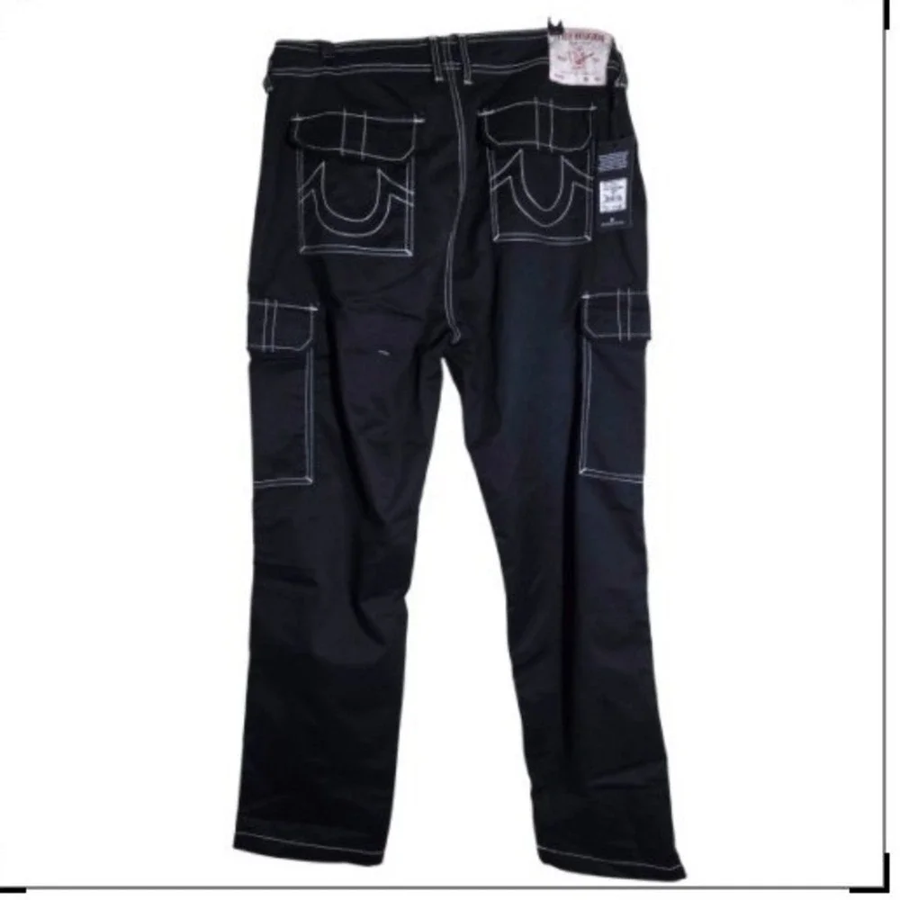 NWT True Religion Bobby Baggy Cargo Pants Mens 34 Black Contrast Stitch 700248